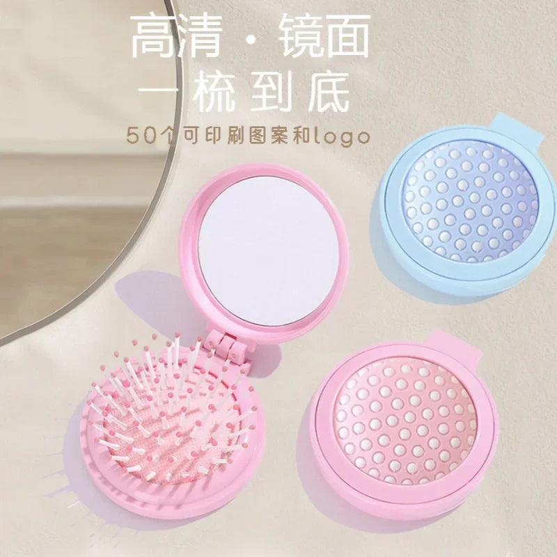 Travel-friendly styling tool, compact women's massage comb with folding design and air-cushion bristles, mirror attachment