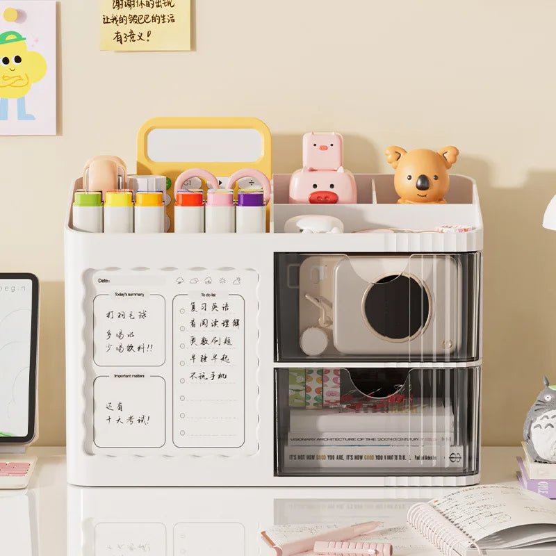 Cute Desktop Storage Organizer Box with Drawers, Multi-Compartment Cosmetic & Stationery Holder for Kids & Home
