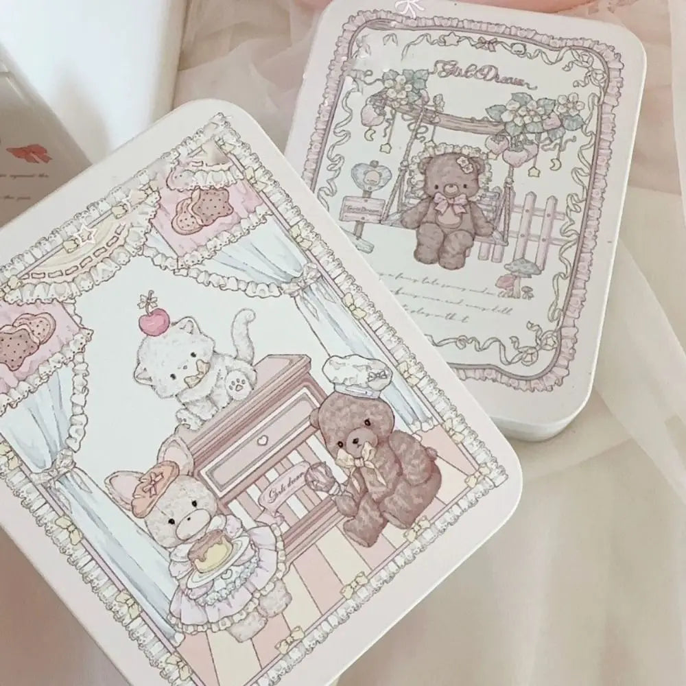 Cute Cartoon Bear Iron Storage Box Rectangular Stickers Tapes Candy Cases Big Capacity Square Box Small Card