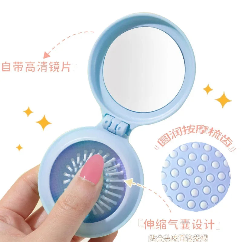Travel-friendly styling tool, compact women's massage comb with folding design and air-cushion bristles, mirror attachment
