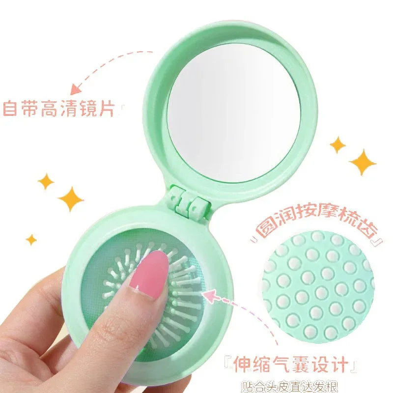 Travel-friendly styling tool, compact women's massage comb with folding design and air-cushion bristles, mirror attachment