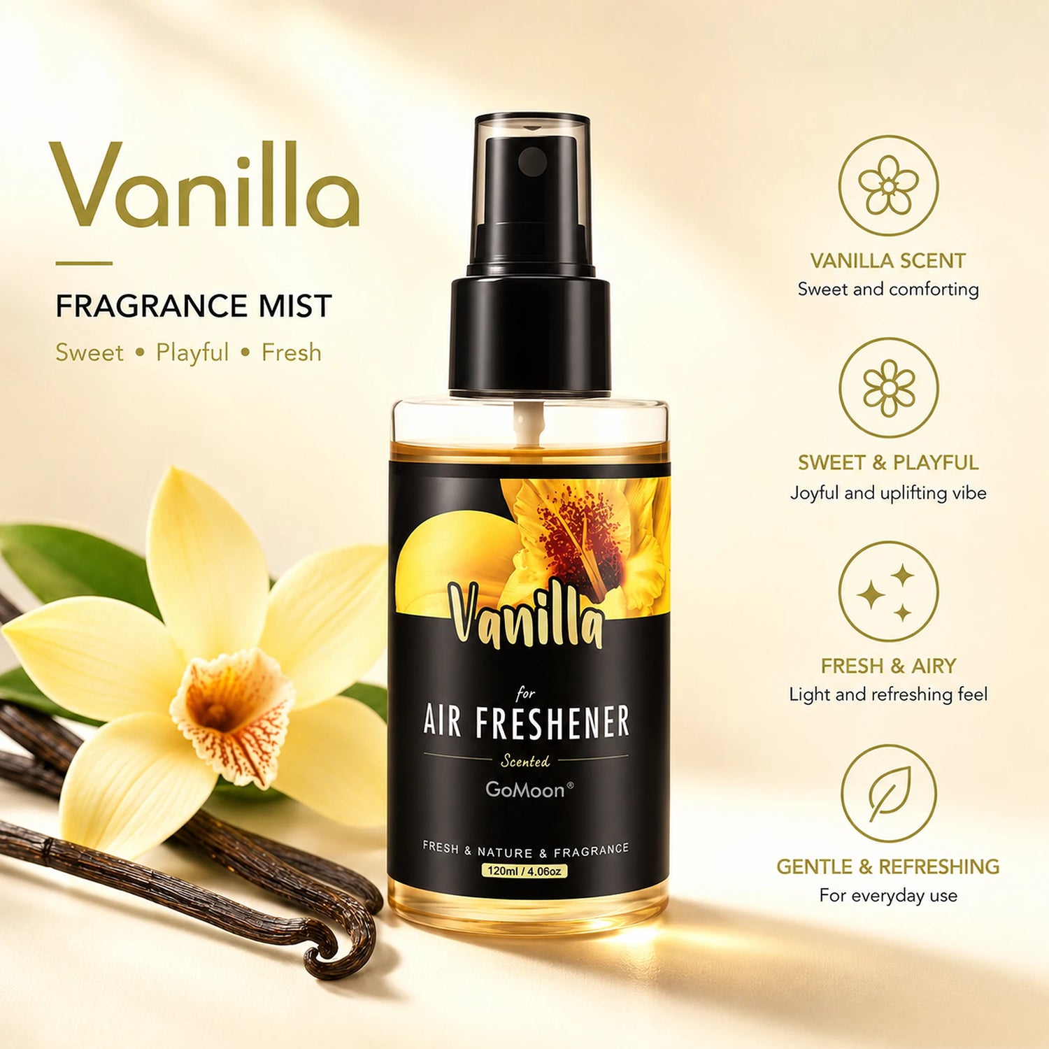 120ml/4.06oz Natural vanilla scented high-end car fragrance spray, long-lasting fragrance, suitable for home, car