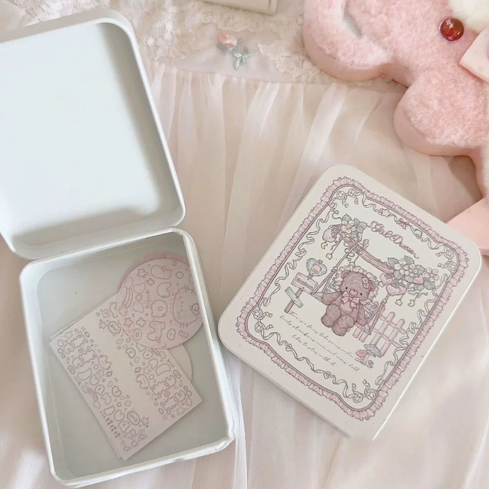 Cute Cartoon Bear Iron Storage Box Rectangular Stickers Tapes Candy Cases Big Capacity Square Box Small Card