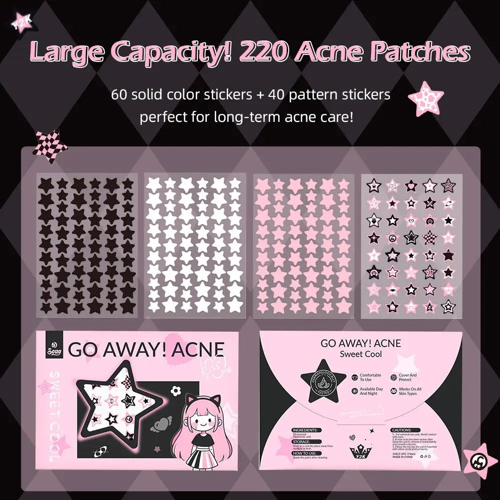 220 Counts Cartoon Cool Colorful Star Pimple Patches for Teens Girls Boys, Sweet Cute Hydrocolloid Acne Patch for Zit Blemishes