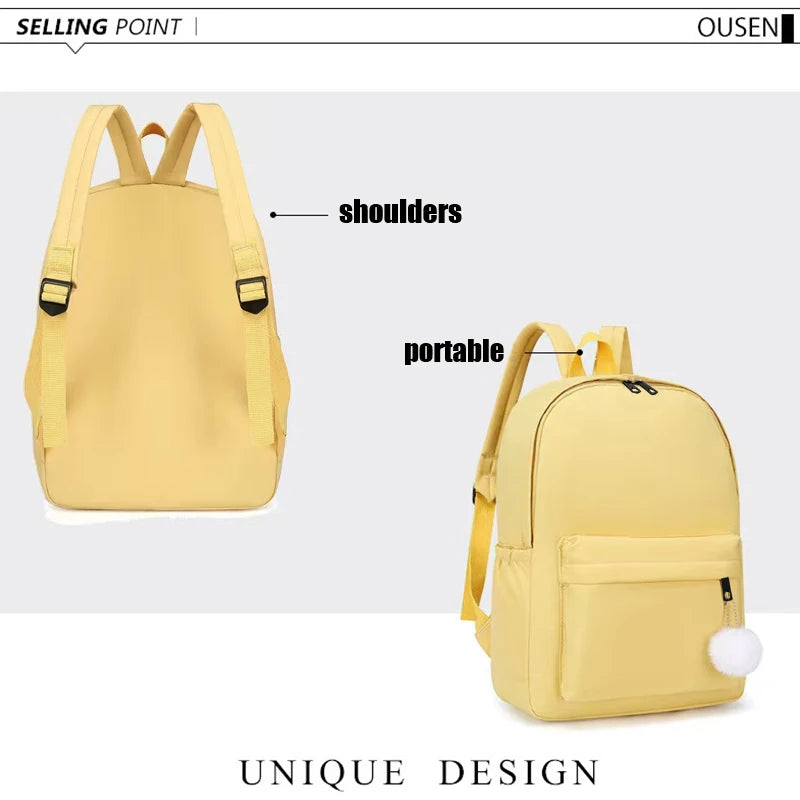 Elegant Casual Daypack, Solid Nylon Backpack with Adjustable Shoulder Strap and Pom Pom Charm for Women Daily Use All Occasions