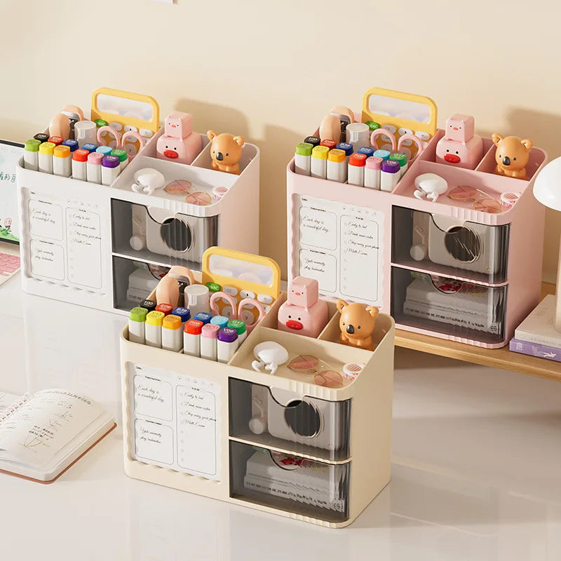 Cute Desktop Storage Organizer Box with Drawers, Multi-Compartment Cosmetic & Stationery Holder for Kids & Home