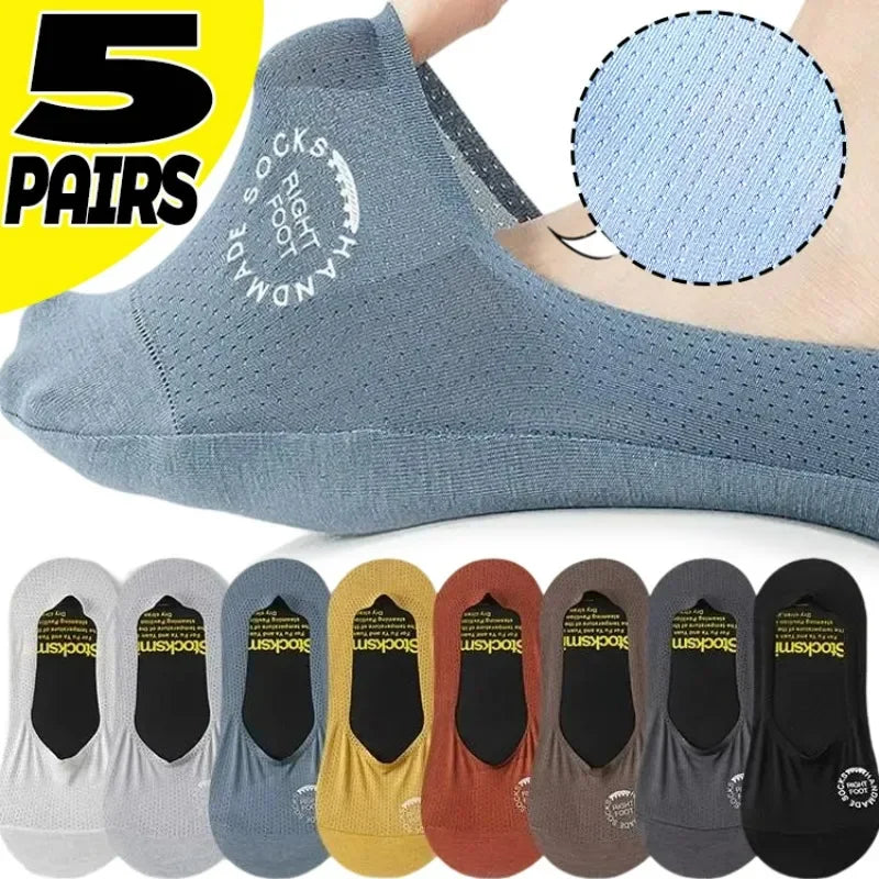 1/5pairs Summer Breathable Socks Tight Ventilate Fashion Men Invisible Ultra-thin Boat Socks Solid Color Non-slip Low Cut Casual