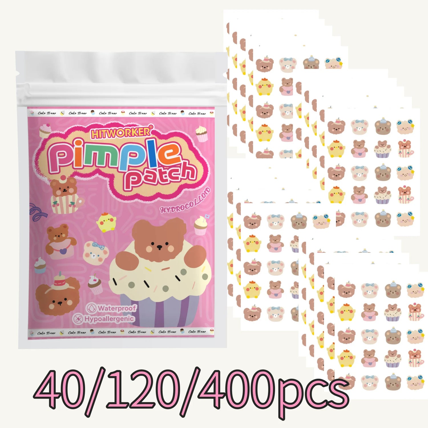 40/120/400pcs Cartoon Bear Design Acne Patches, Waterproof Hydrocolloid Spot Concealer, Breathable Pimple Cover Stickers for Dai