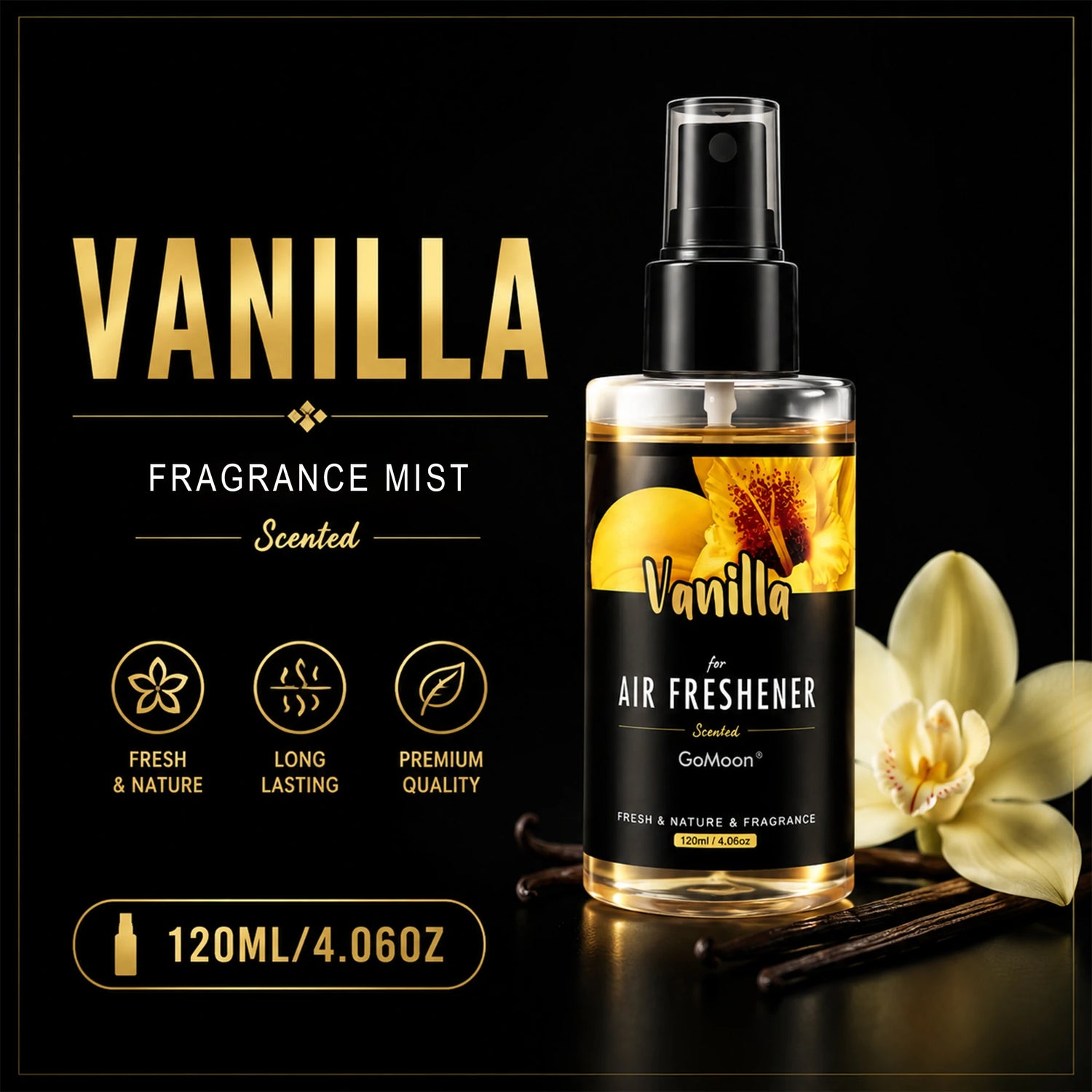 120ml/4.06oz Natural vanilla scented high-end car fragrance spray, long-lasting fragrance, suitable for home, car