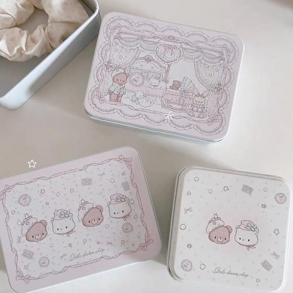 Cute Cartoon Bear Iron Storage Box Rectangular Stickers Tapes Candy Cases Big Capacity Square Box Small Card