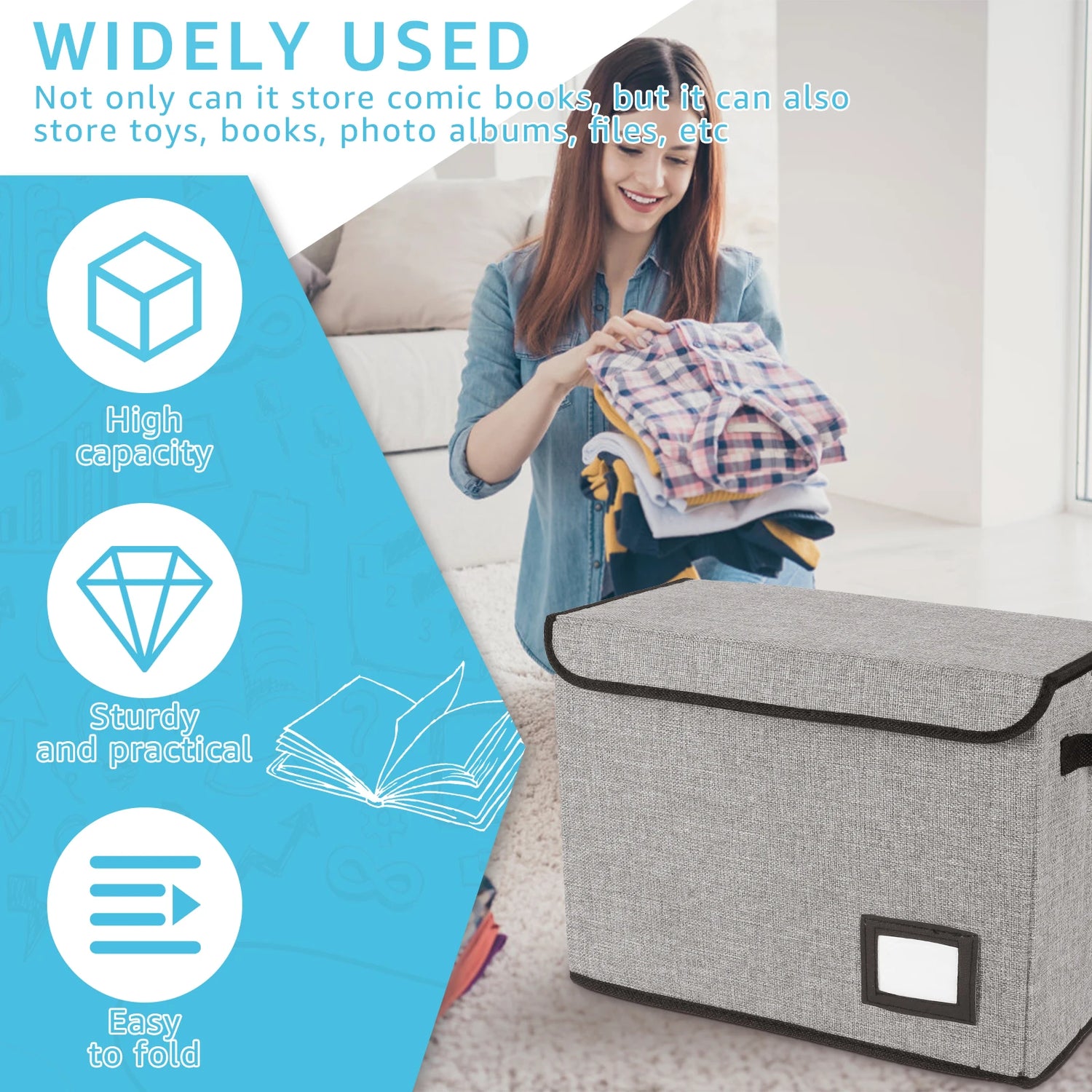 Foldable Clothing Storage Box Large Capacity Sundries Organizer Toys Comic Book Bin With Lid and Handle Home Organiza