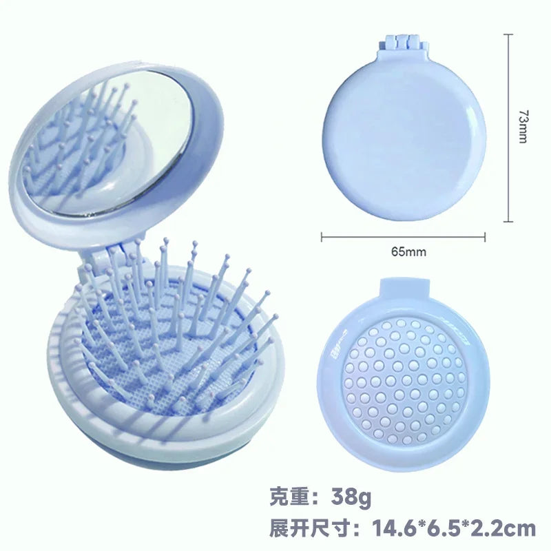 Travel-friendly styling tool, compact women's massage comb with folding design and air-cushion bristles, mirror attachment